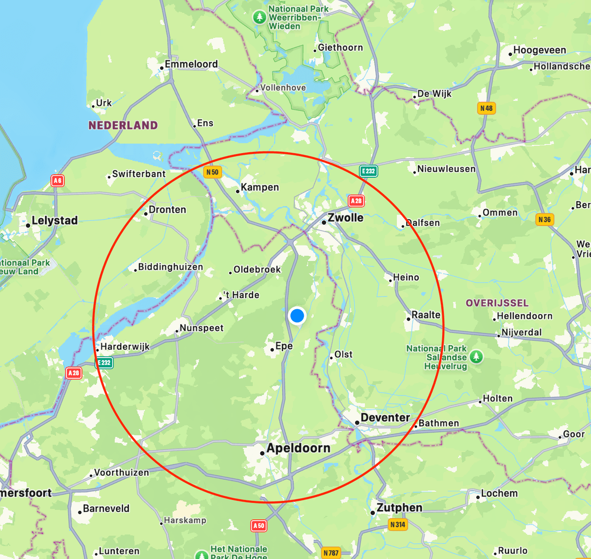 Werkgebied van Budding Co. — rode cirkel rondom Heerde, van Zwolle tot Apeldoorn en van Harderwijk tot Raalte